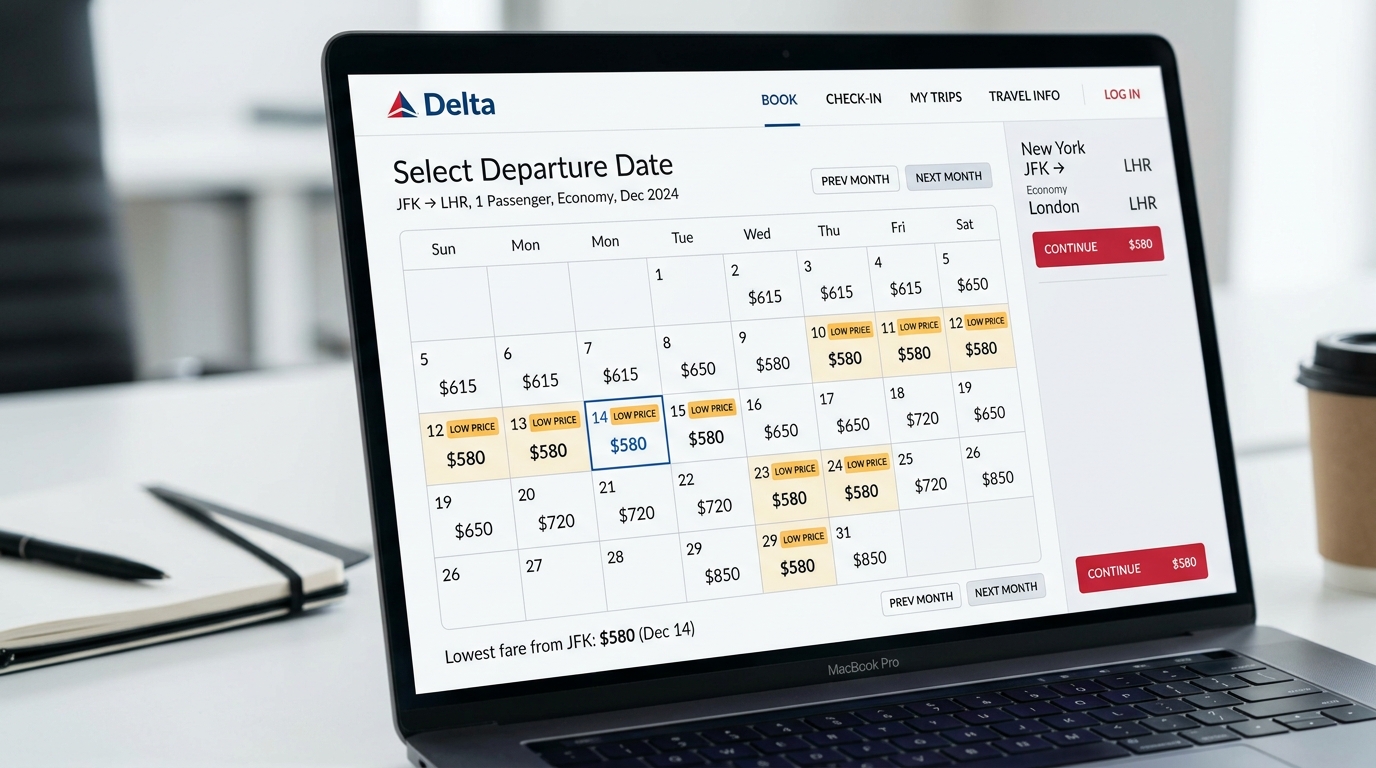 Delta Airlines Low Fare Calendar Interface and Flight Price Search
