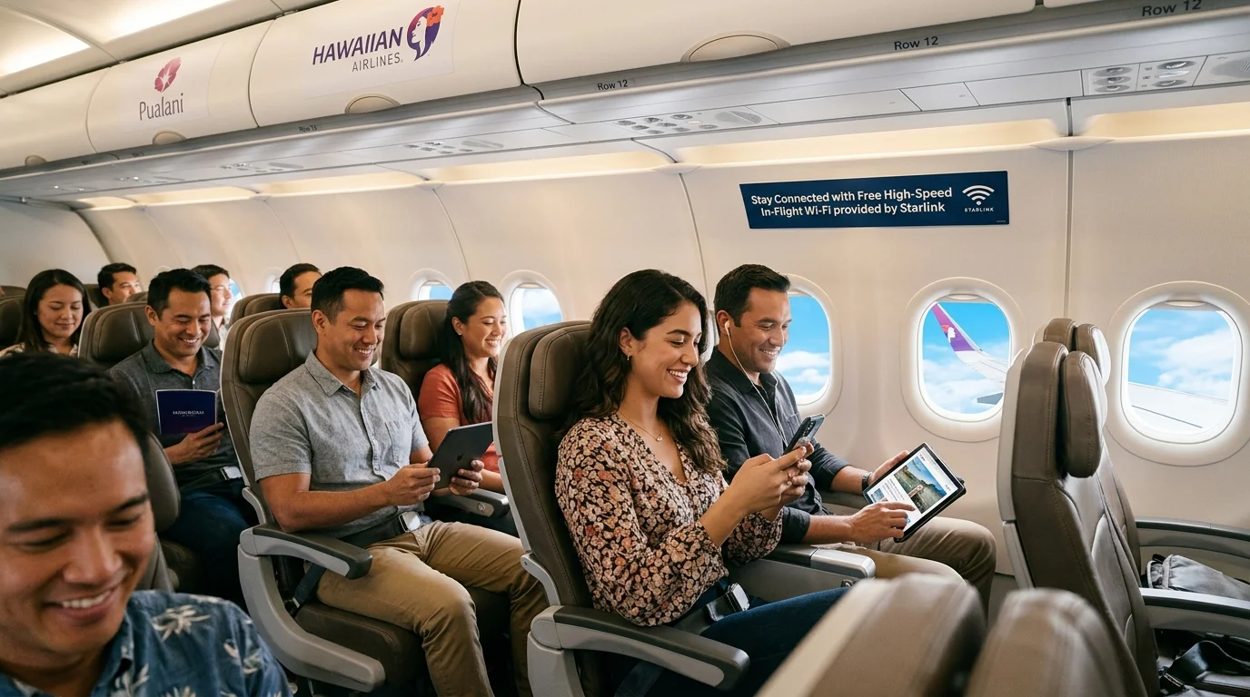 Hawaiian Airlines in-flight Starlink Wi-Fi connectivity on transpacific flights