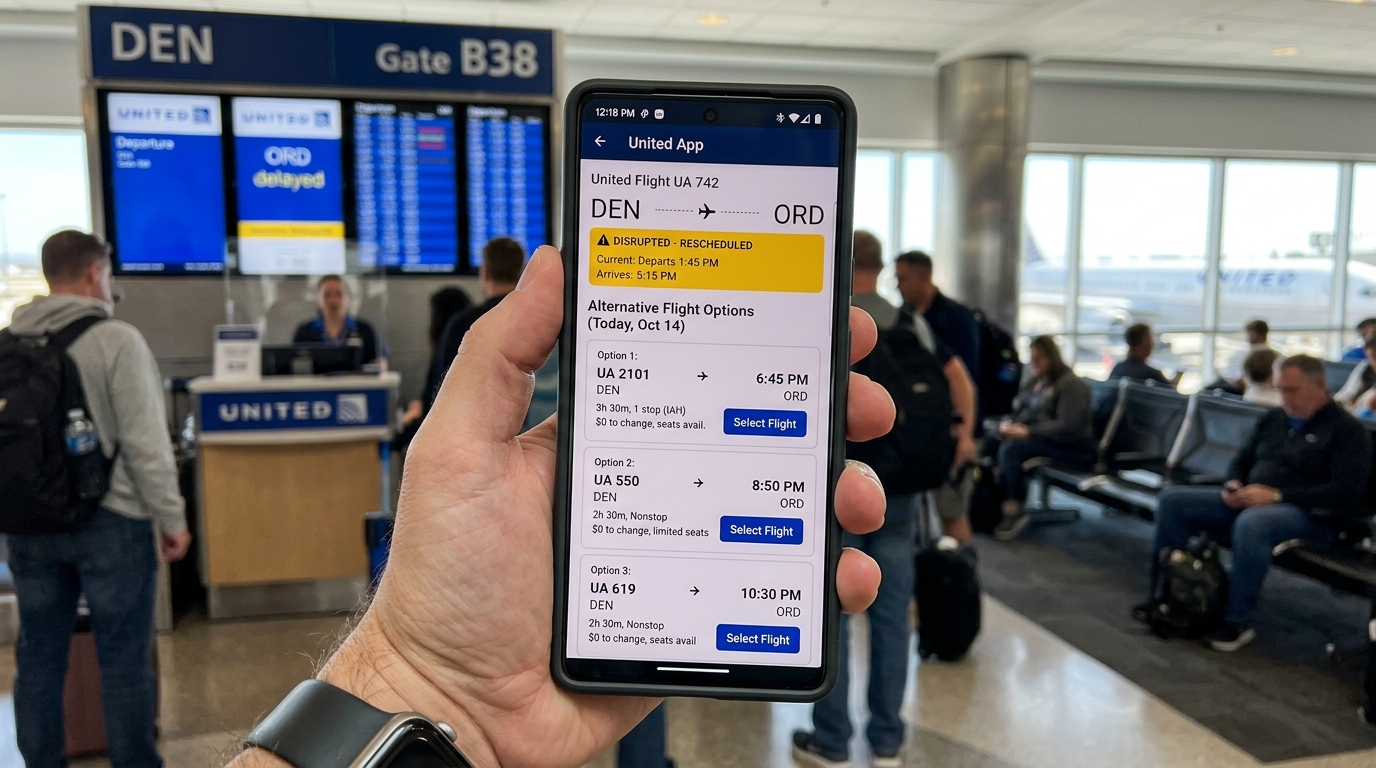 United Airlines missed flight rebooking options
